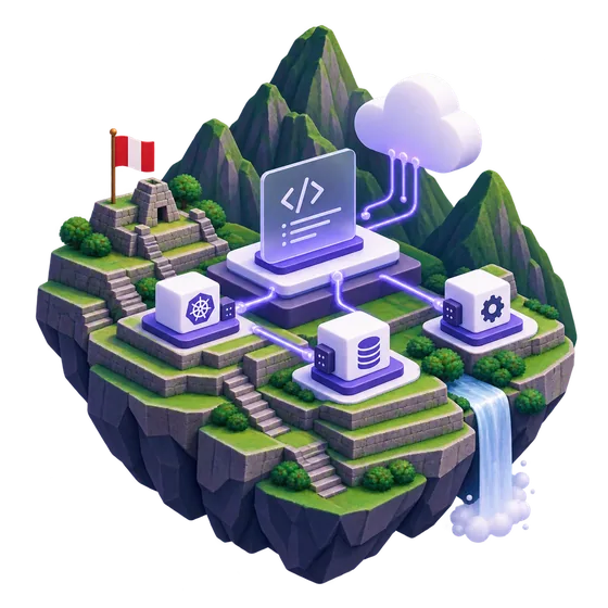 Ilustración isométrica: andenes incas con la bandera del Perú sobre los que se conectan servicios de una plataforma interna (Kubernetes, base de datos, configuración y nube).